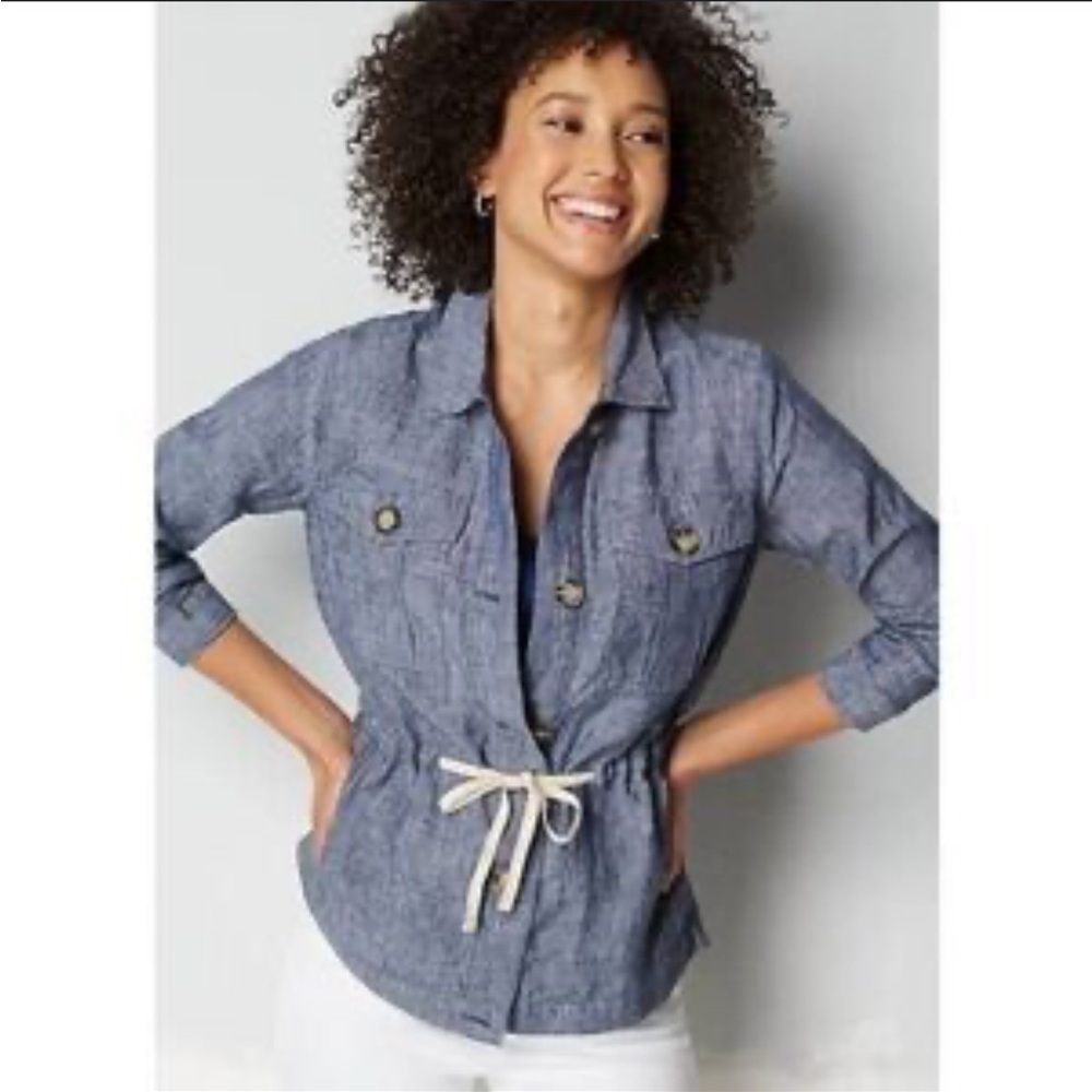 J. Jill Love Linen Casual Blue Tie Waist 100% Linen Utility Chore Jacket - Picture 2 of 15